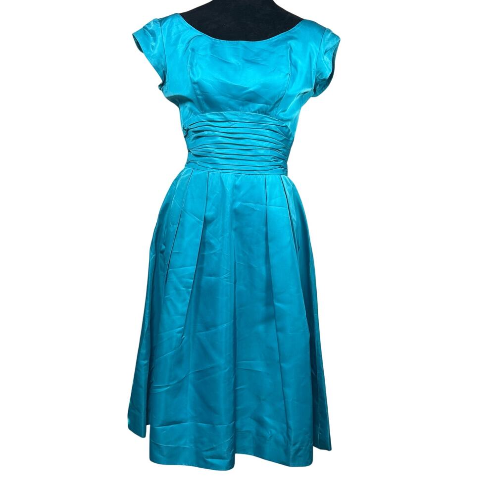 Vintage 50s Blue Cocktail Dress Lipman's Back Bow Floral Detail Women's XS